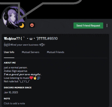 a screenshot of a discord member 's profile with a green send friend request button