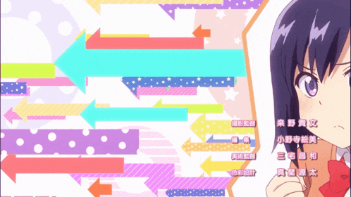 a girl is standing in front of a colorful background with arrows pointing to different directions