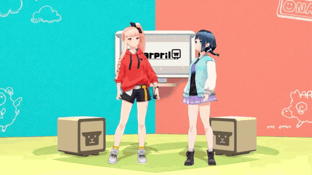 two anime girls standing in front of a screen that says april on it