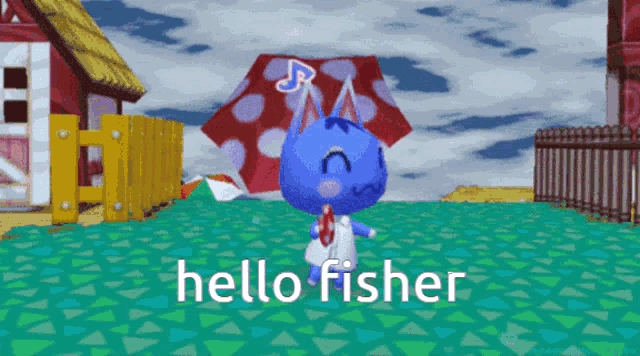 a blue animal crossing character is holding an umbrella and saying hello fisher