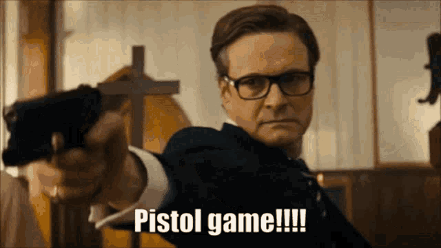 a man in a suit and tie is pointing a gun at the camera with the words pistol game written below him