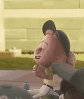 a cartoon character is wearing a hat and headphones while sitting on a skateboard .