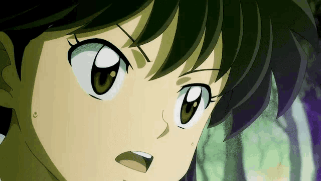 a close up of a anime character 's face with a surprised look on her face