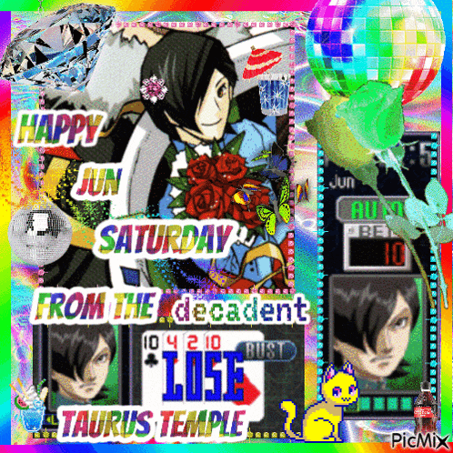 a colorful collage with the words happy jun saturday from the deceased taurus temple