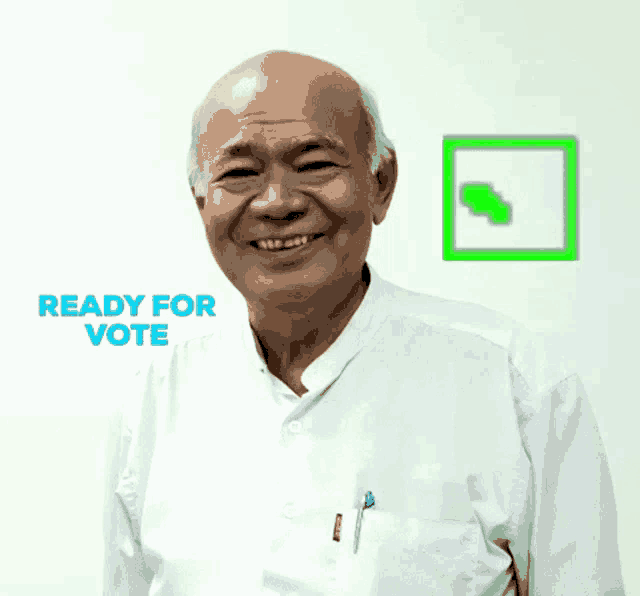 an older man is smiling in front of a check mark that says " ready for vote "