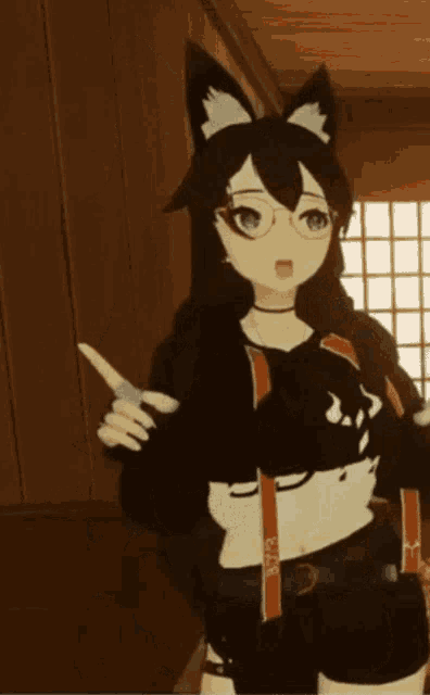 a girl with a cat ear is holding two knives