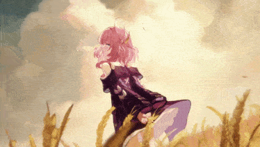 a girl with pink hair is standing in a field of tall grass