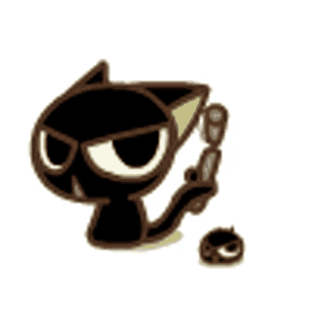 a black cartoon cat is holding a pipe and a donut .
