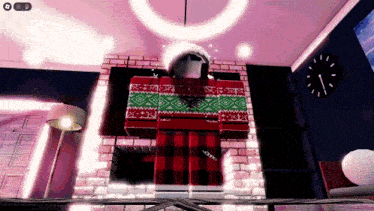a person in a red and green sweater is standing next to a fireplace
