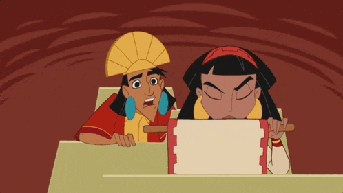 a couple of cartoon characters looking at something