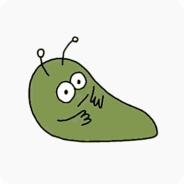 a cartoon drawing of a green slug with big eyes and antennae