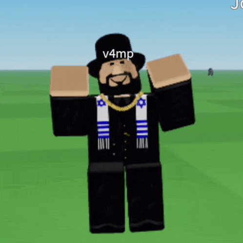 a roblox character with the name v4mp on his hat