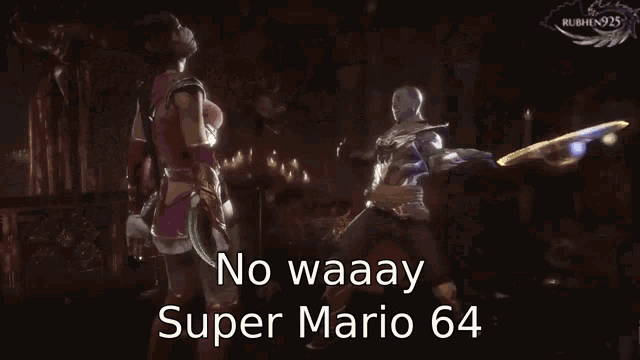a video game scene with a caption that says no waaay super mario 64