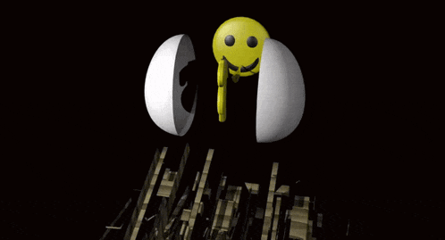 a yellow smiley face is surrounded by white dots on a black background