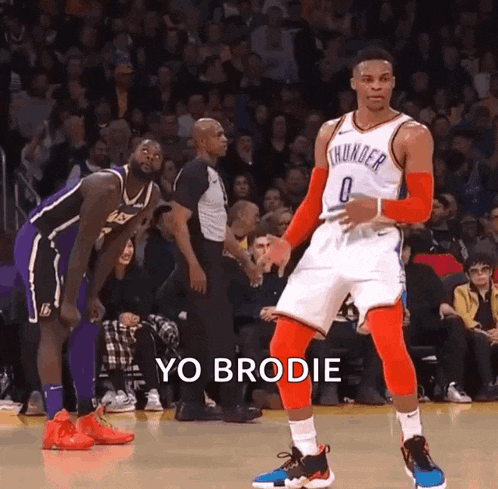 a basketball player in a thunder uniform is dancing on the court