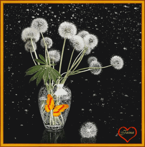 a picture of dandelions in a vase with a butterfly and the name faina on the bottom