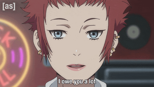a close up of a girl with the words i owe you a lot on her face