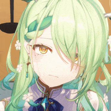 a close up of a green haired anime character with yellow eyes