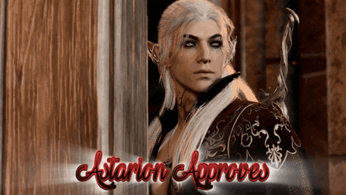 a man with long white hair is standing in front of a sign that says " astarion approves "