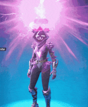 a video game character with a purple lightning bolt and the letter f on his head