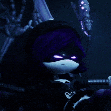a cartoon character with purple hair is holding a glowing object