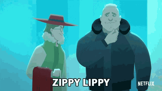 a cartoon of a man and a woman standing next to each other with the caption zippy lippy