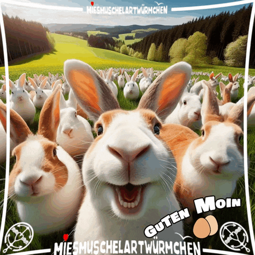 a bunch of rabbits are standing in a field with the words guten moin on the bottom