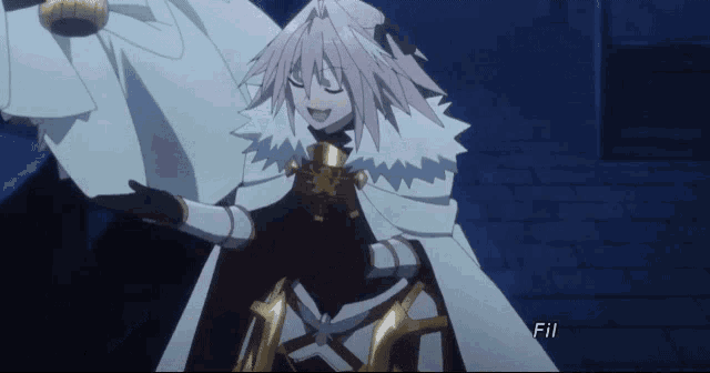 a girl with pink hair and a white cape stands in a dark room with the word fill in the bottom right corner