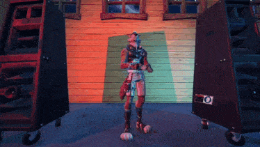 a cartoon character is standing in front of a wooden wall