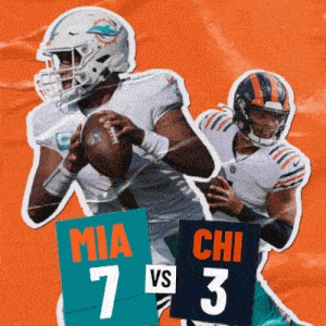miami dolphins and chicago bears football players holding a football