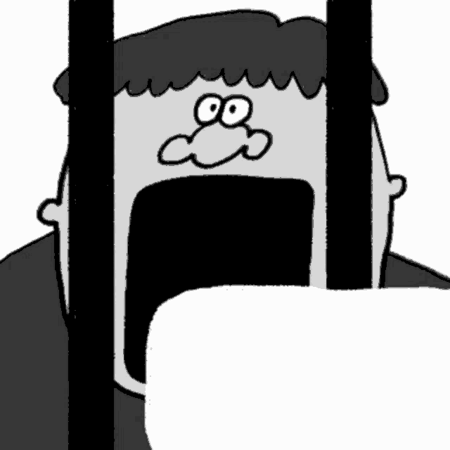 a black and white cartoon of a man behind bars with his mouth wide open .