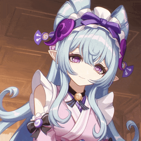 a girl with long blue hair and purple eyes has a purple bow on her head