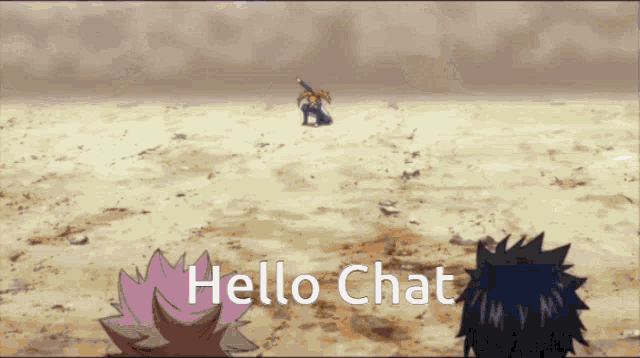 a cartoon scene with the words hello chat written on the bottom