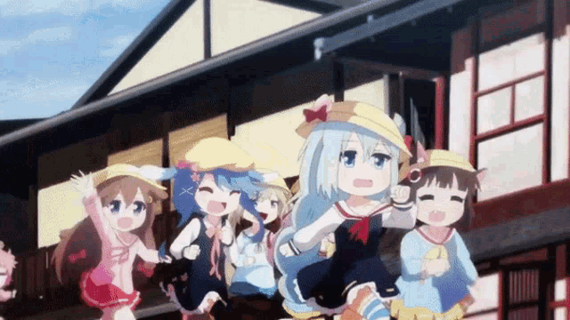 a group of anime girls are running in front of a house