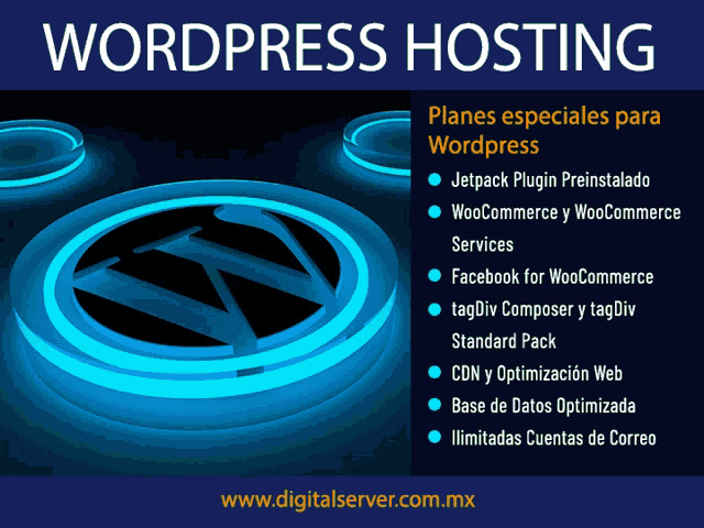 an advertisement for wordpress hosting shows a logo and a list of features