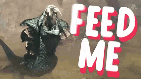 a monster with its mouth open and the words feed me on the bottom