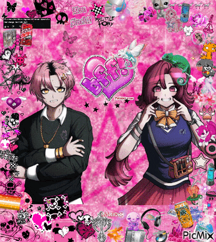 a couple of anime characters standing next to each other on a pink background