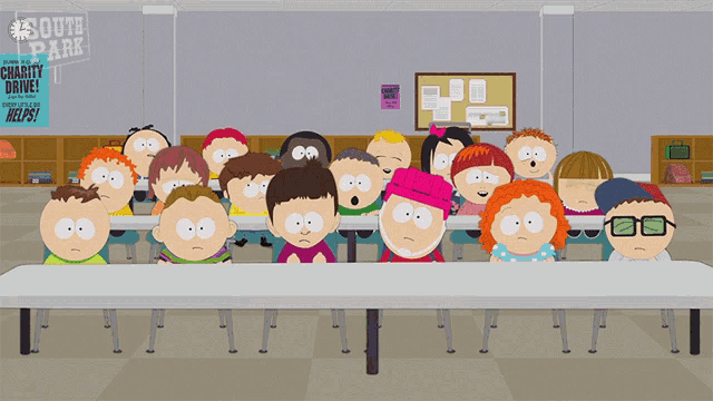 a group of south park characters are sitting at a table