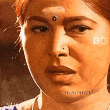 a close up of a woman 's face with a nose ring