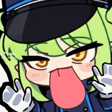 a cartoon character with green hair and a black hat is sticking out his tongue .