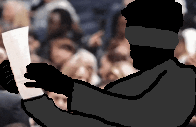 a drawing of a man reading a piece of paper in front of a crowd