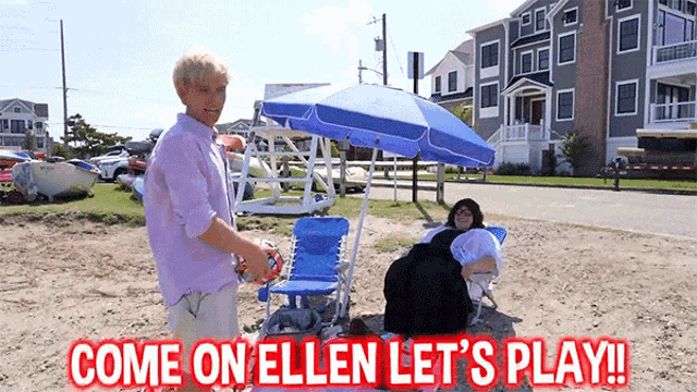 two women standing on a beach with the words come on ellen let 's play on the bottom