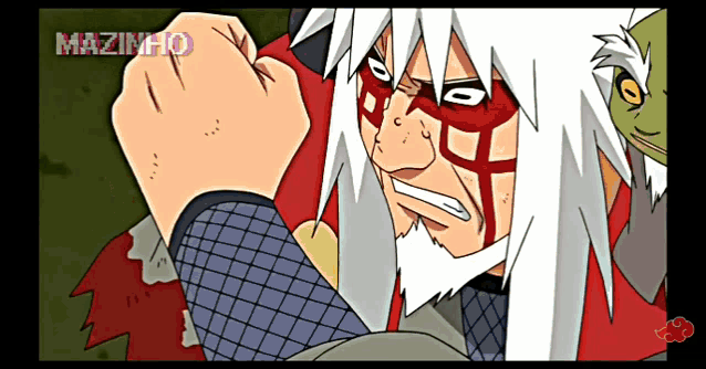 a cartoon of a man with white hair and a red mask with the word mazinho on the bottom