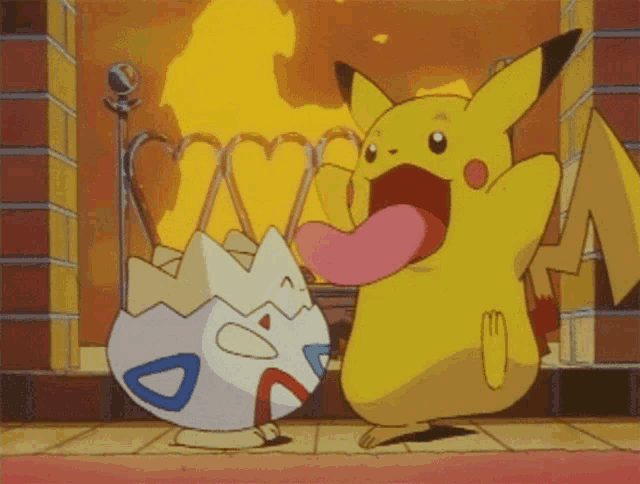 pikachu and togey are standing in front of a fireplace with flames behind them