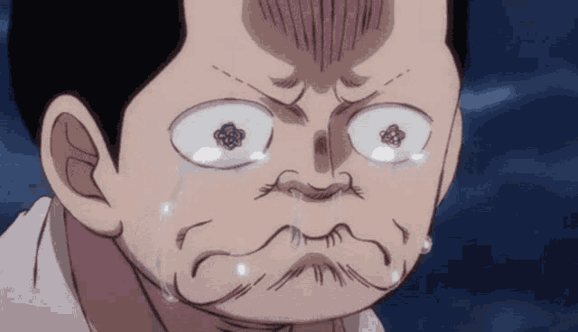 a close up of a cartoon character with tears coming out of his eyes
