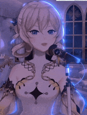 a girl with blonde hair and blue eyes is holding a microphone in front of a window