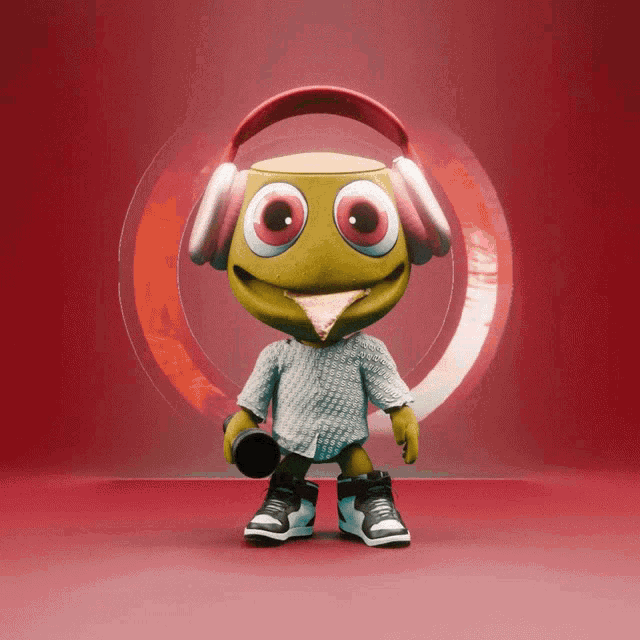 a cartoon character wearing headphones holds a microphone