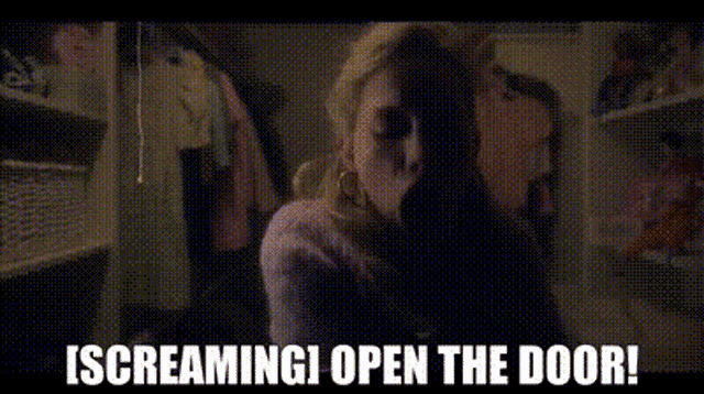 a woman is screaming in a dark room with the words screaming open the door below her