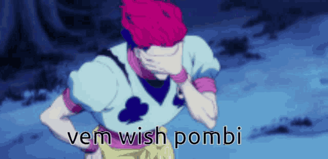 a cartoon character is covering his face with his hand and the words vem wish pombi are written below him