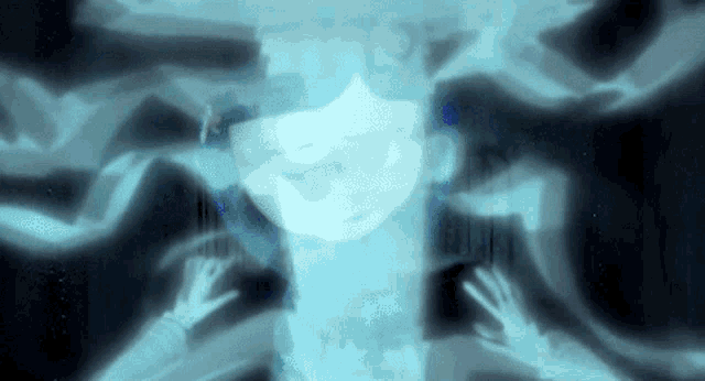 a drawing of a person 's face is surrounded by blue smoke